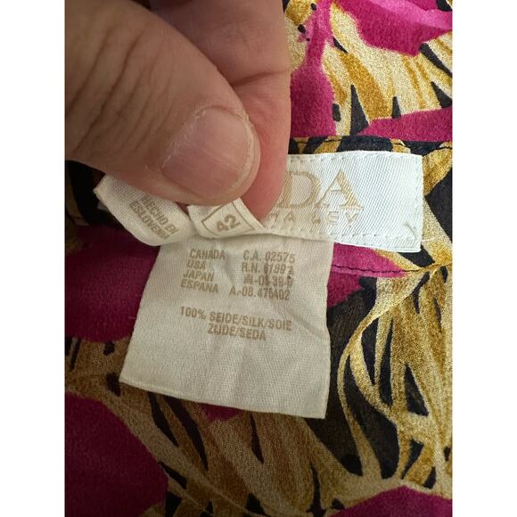 Escada Blouse Large Vintage Silk Pink Hibiscus Tropical Floral Short Sleeve - Picture 6 of 7